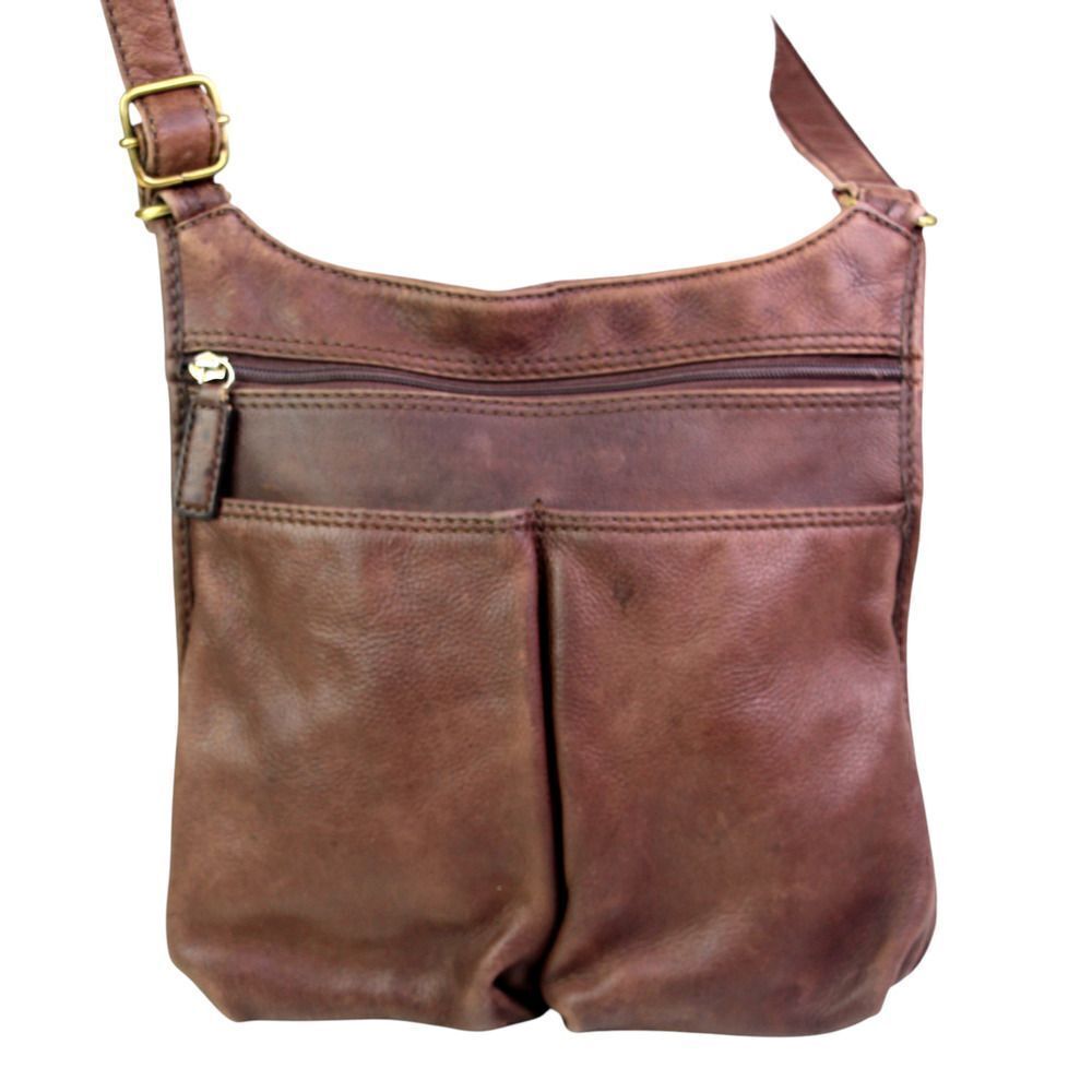 FOSSIL BROWN GENUINE LEATHER MEDIUM ORGANIZER X-BODY SHOULDER BAG HANDBAG PURSE